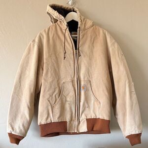 Vintage Carhartt Sand Hooded Canvas Jacket with Brown Ribbed Hem J04
